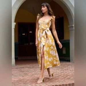 V. Chapman Vera Ruffle Strap Corset‎ Side Slit Midi Dress Gold Baroque Floral